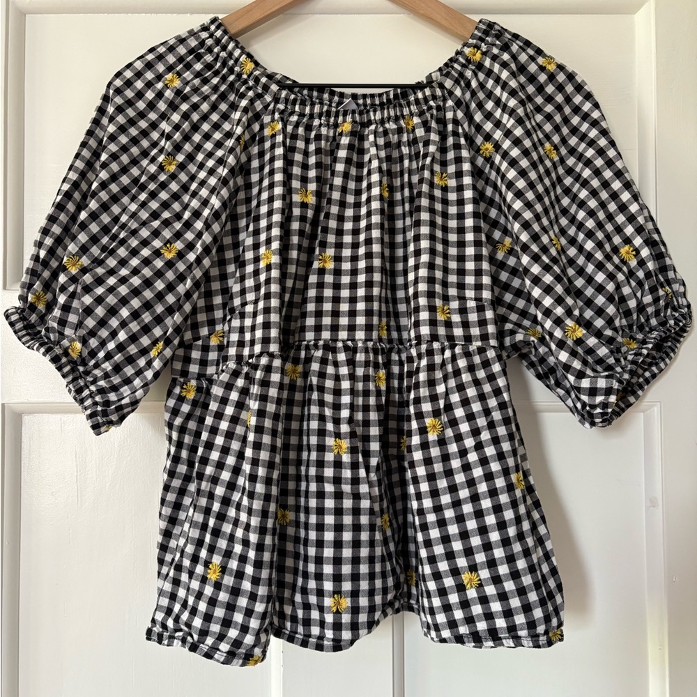 Women's Black White Gingham Daisy Puff Sleeve Peplum Milkmaid Babydoll Farm LP